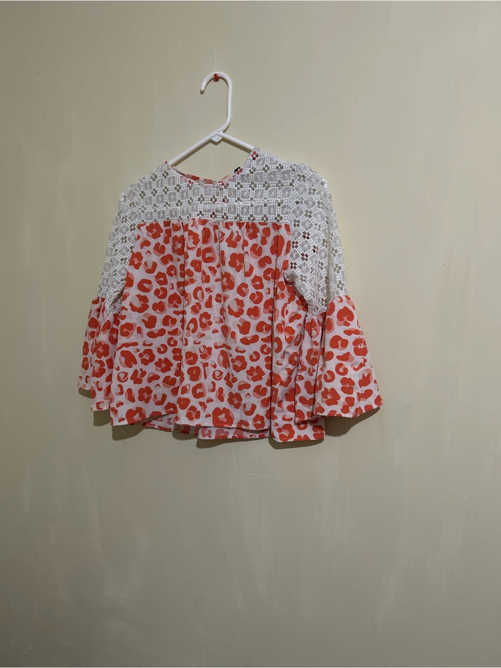Crochet Yoke Bell Sleeve Blouse in White and Coral Leopard